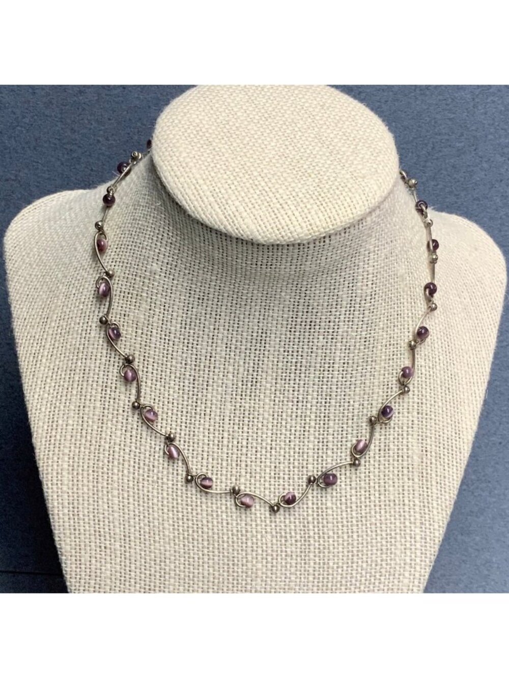 Curved Links Beaded Necklace 15 In Purple Moonstone Elegant Short Dainty Retro